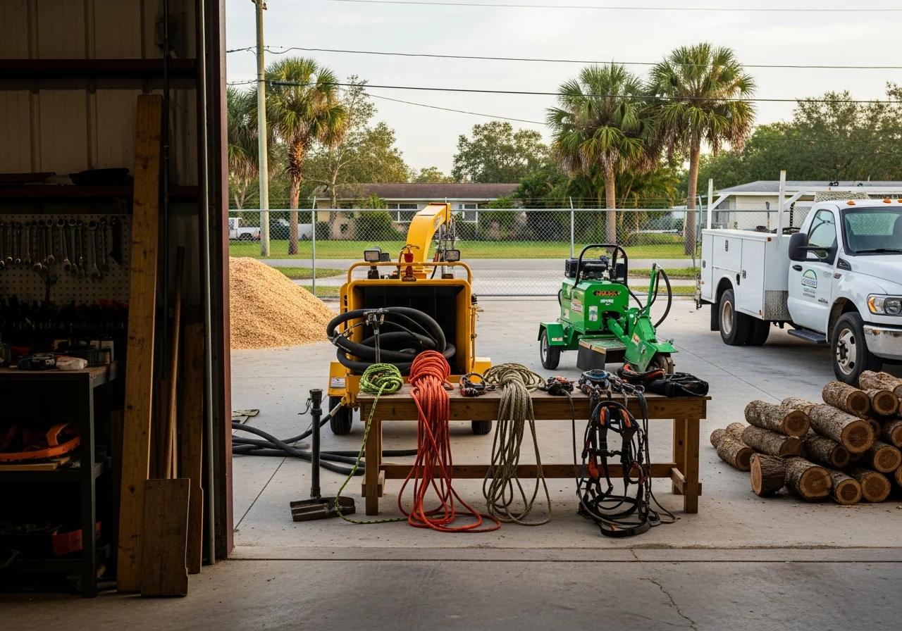 Professional tree service crew with equipment and tools ready for residential and commercial jobs.