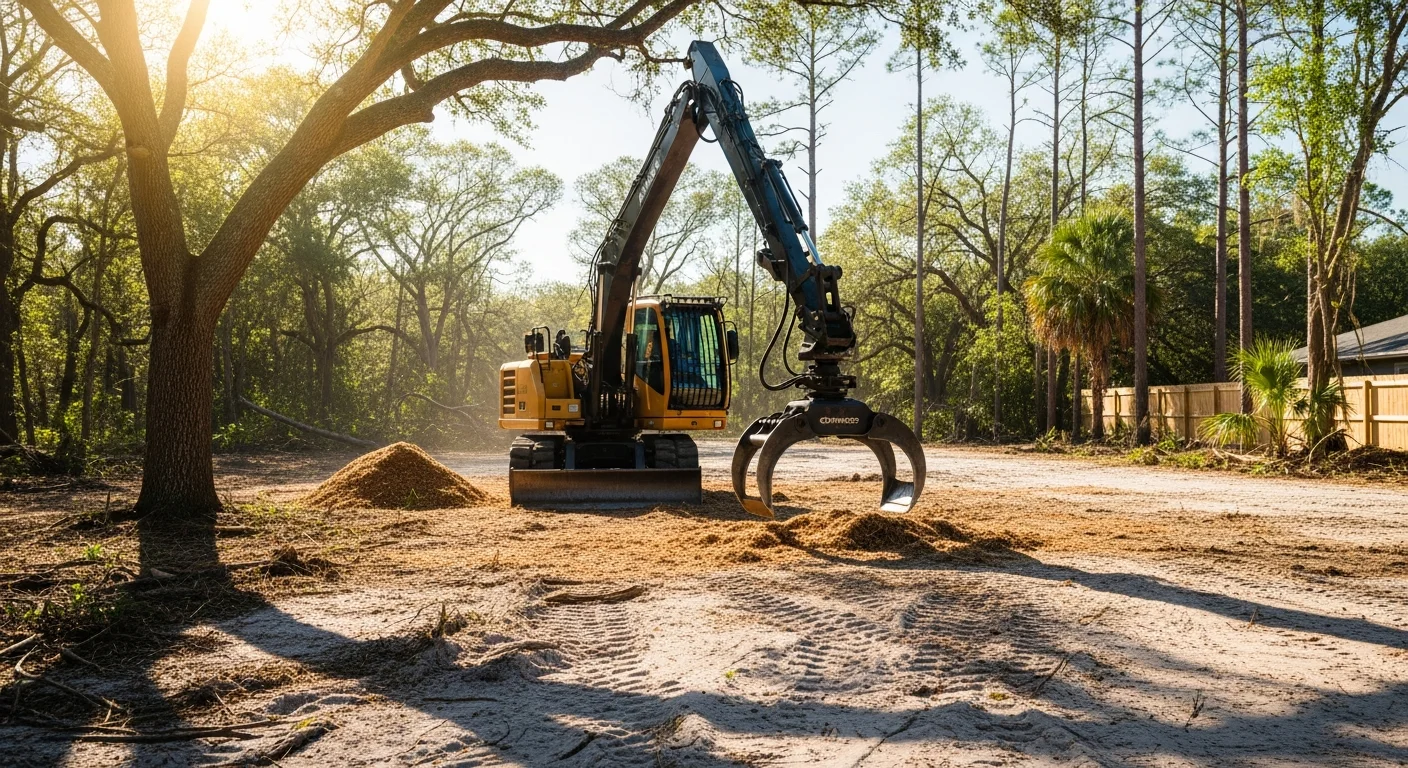 Grapple truck loading wood chips and yard debris for removal