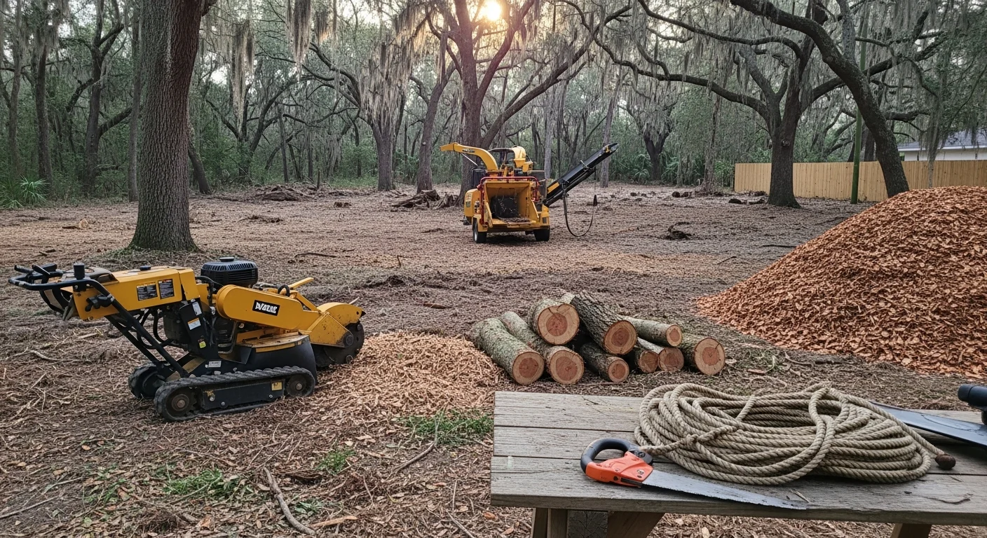 Professional arborist trimming tree branches with safety equipment