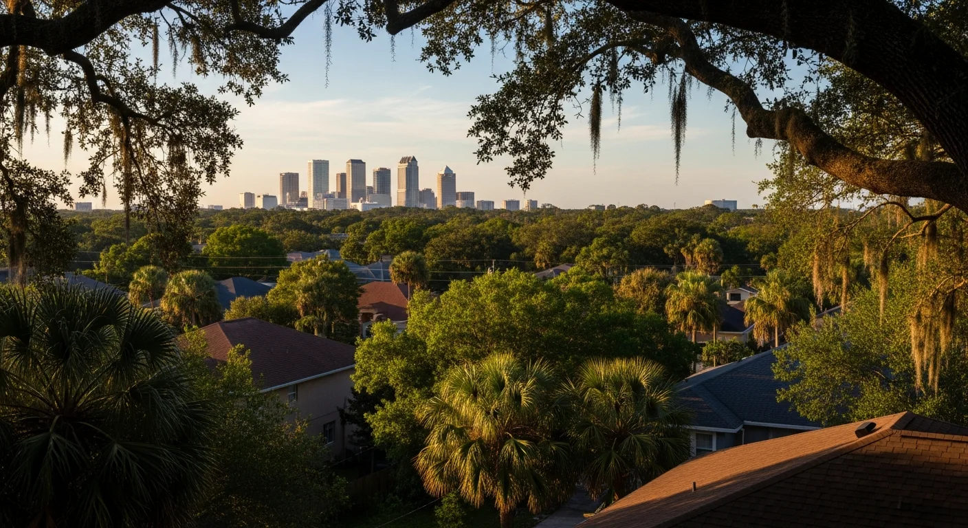 Wide view of Tampa skyline with residential neighborhoods and palm trees in the foreground under clear sky.