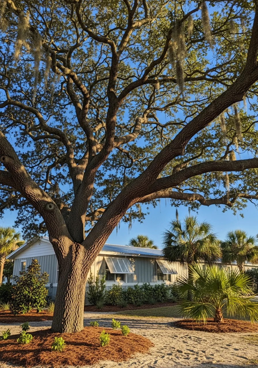 Portrait of a beachfront or near-beach residential property with landscaping and clear sky.