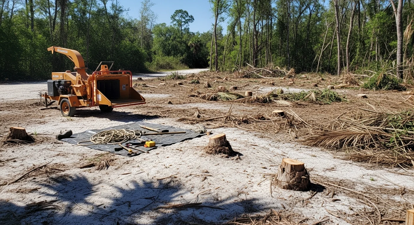 A cleared residential lot in Hillsborough, NC showing cut stumps, removed undergrowth, and open ground after professional brush removal. A tree service crew member stacks woody debris near a chipper truck at the edge of the property.