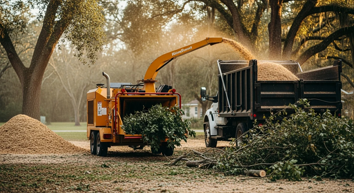 A wood chipper processing a large pile of oak and maple branches in a Hillsborough, NC residential backyard. A crew member from Branch Managers Tree Service Inc feeds limbs into the chipper while a truck waits to haul away the chipped debris.