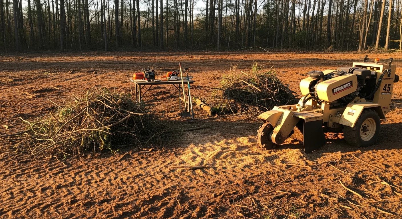 A commercial lot in Hillsborough, NC after land clearing, showing open ground with stumps removed and brush cleared. Heavy equipment tracks are visible across the site, with a tree line remaining at the property boundary.