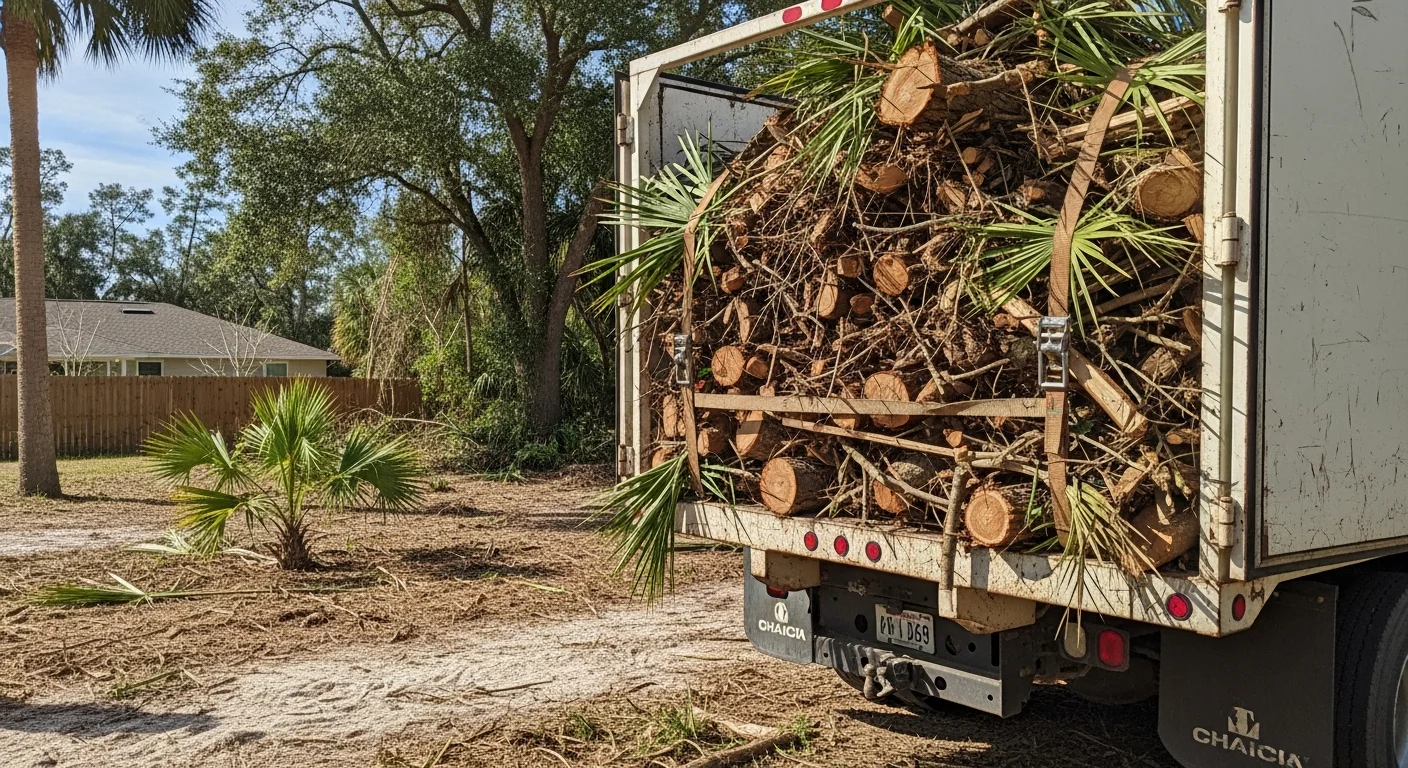 A cleared Hillsborough residential yard after debris removal, with stacked branches and brush loaded onto a truck by a tree service crew. The lawn is open and free of storm debris following a tree removal job.