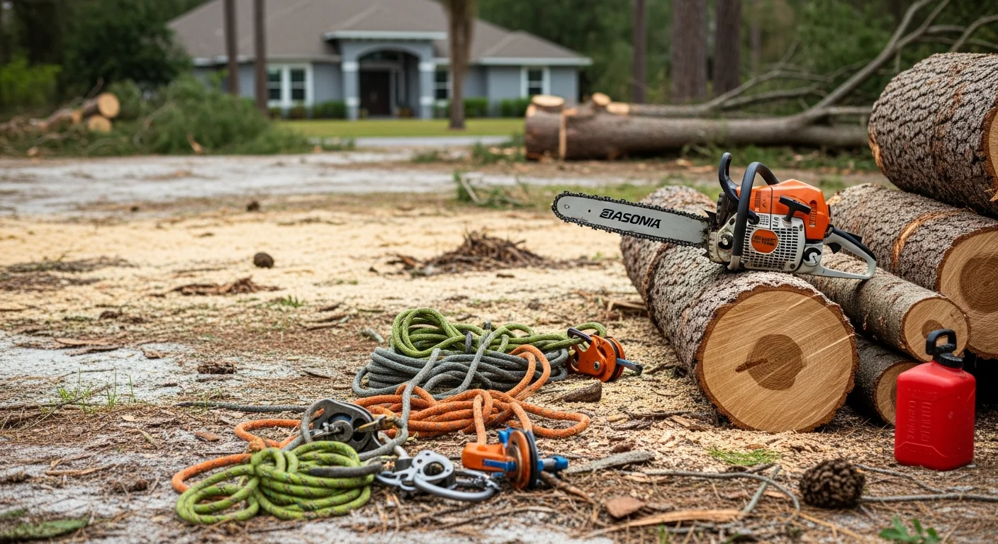 A large storm-damaged hardwood tree being sectioned and removed by a tree crew in a residential yard in Hillsborough, NC. Rigging lines are attached to a trunk section near a roofline, with wood debris staged on the lawn below.