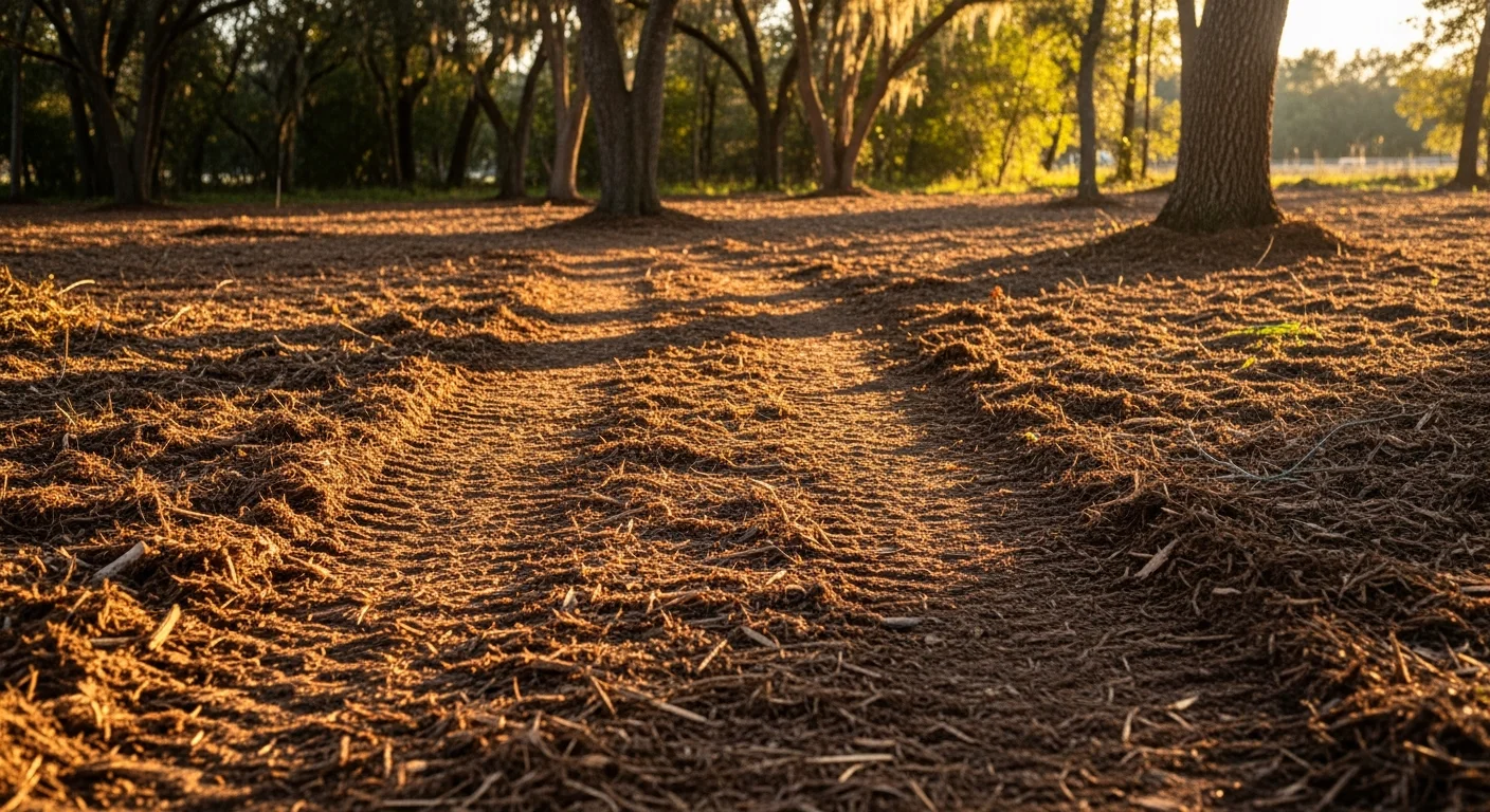 A forestry mulcher clearing dense brush and small trees on a wooded residential lot in Hillsborough, North Carolina. The cleared ground shows a layer of fresh wood mulch with mature trees left standing at the property edge.