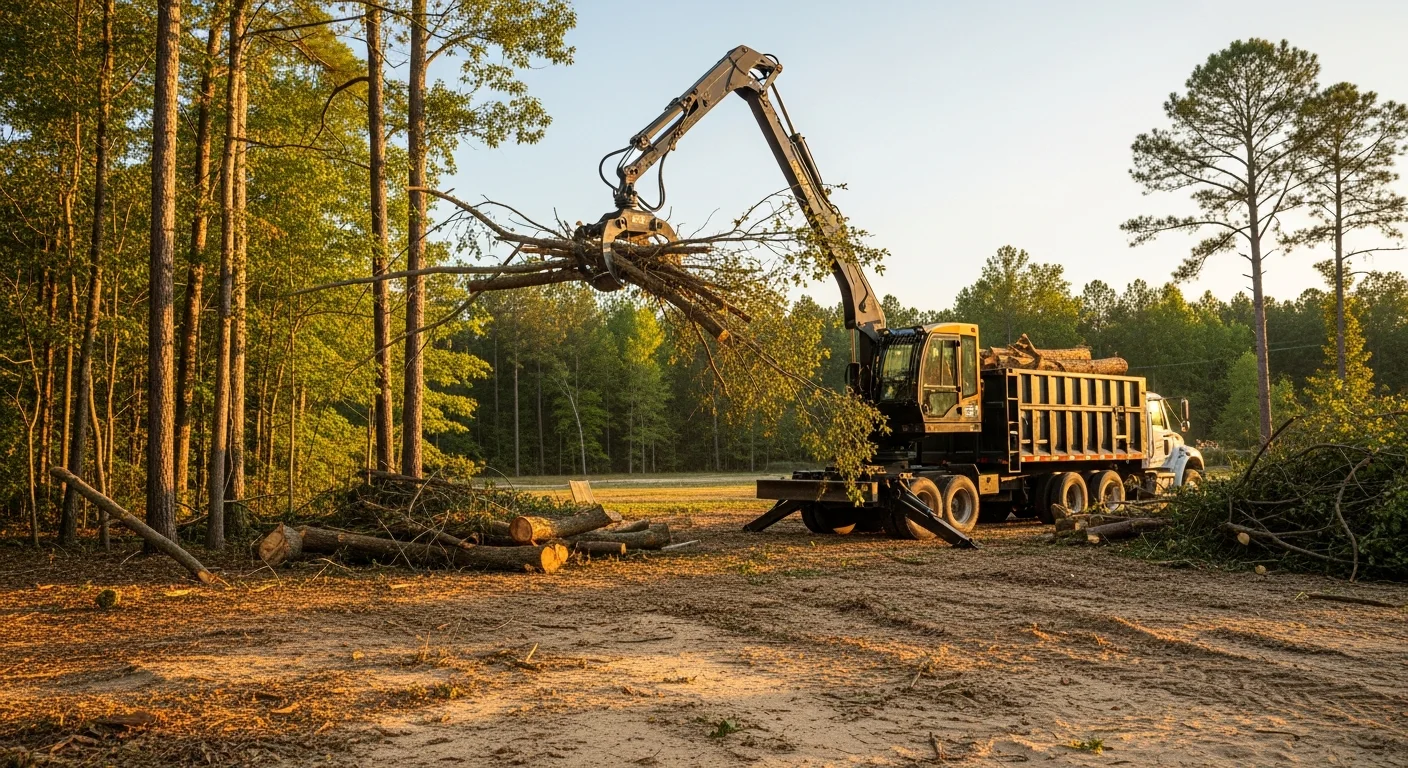 A grapple truck with a hydraulic claw arm lifting a large oak log from a residential yard in Hillsborough, NC. The surrounding lawn is clear of smaller debris, showing the property mid-cleanup after tree removal.