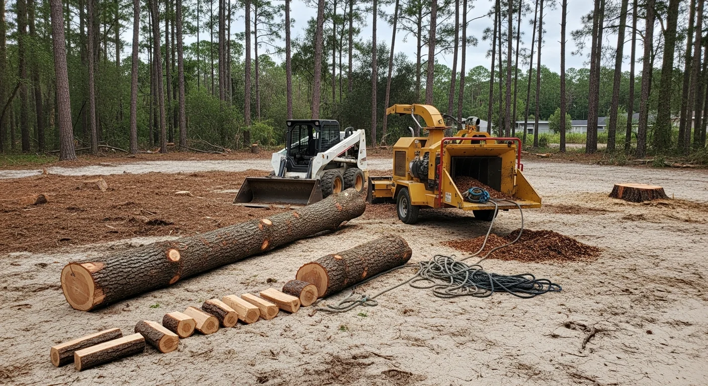 A large hazardous oak tree being sectionally removed by a crew in a residential backyard in Hillsborough, NC. Cut sections are rigged away from the home's roofline using ropes and pulleys, with debris staged on the lawn for cleanup.