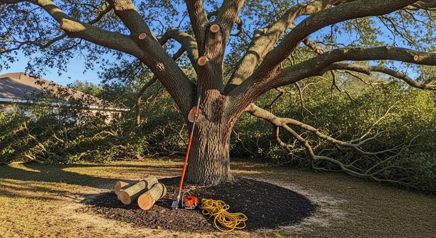 A certified tree crew trimming the canopy of a large oak tree in a Hillsborough residential yard before hurricane season. Removed branches are stacked on the lawn with the home's roofline visible in the background.