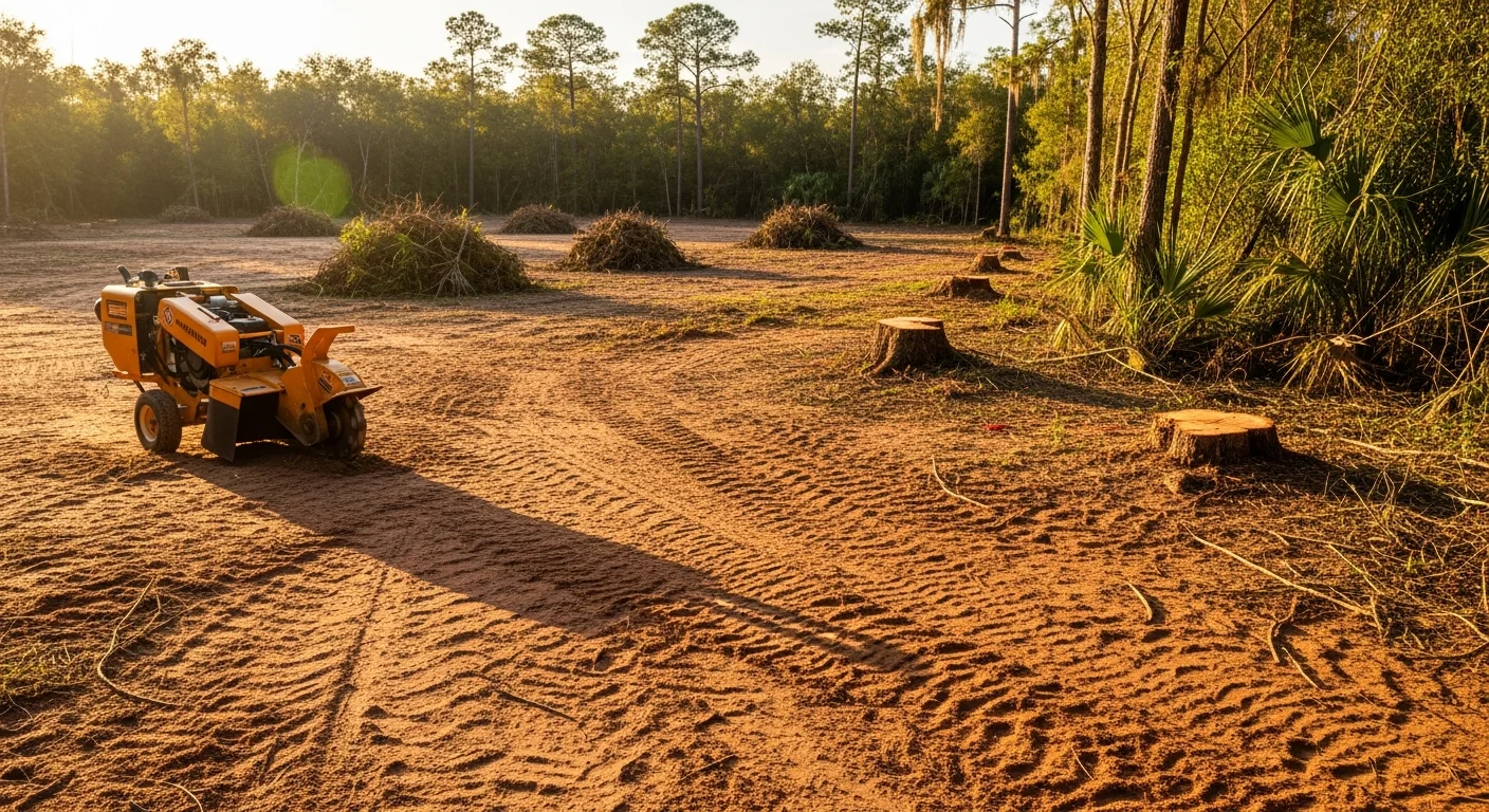 A cleared residential lot in Hillsborough, NC showing bare ground and graded soil after trees and brush have been removed. Surrounding mature trees remain standing at the property boundary.