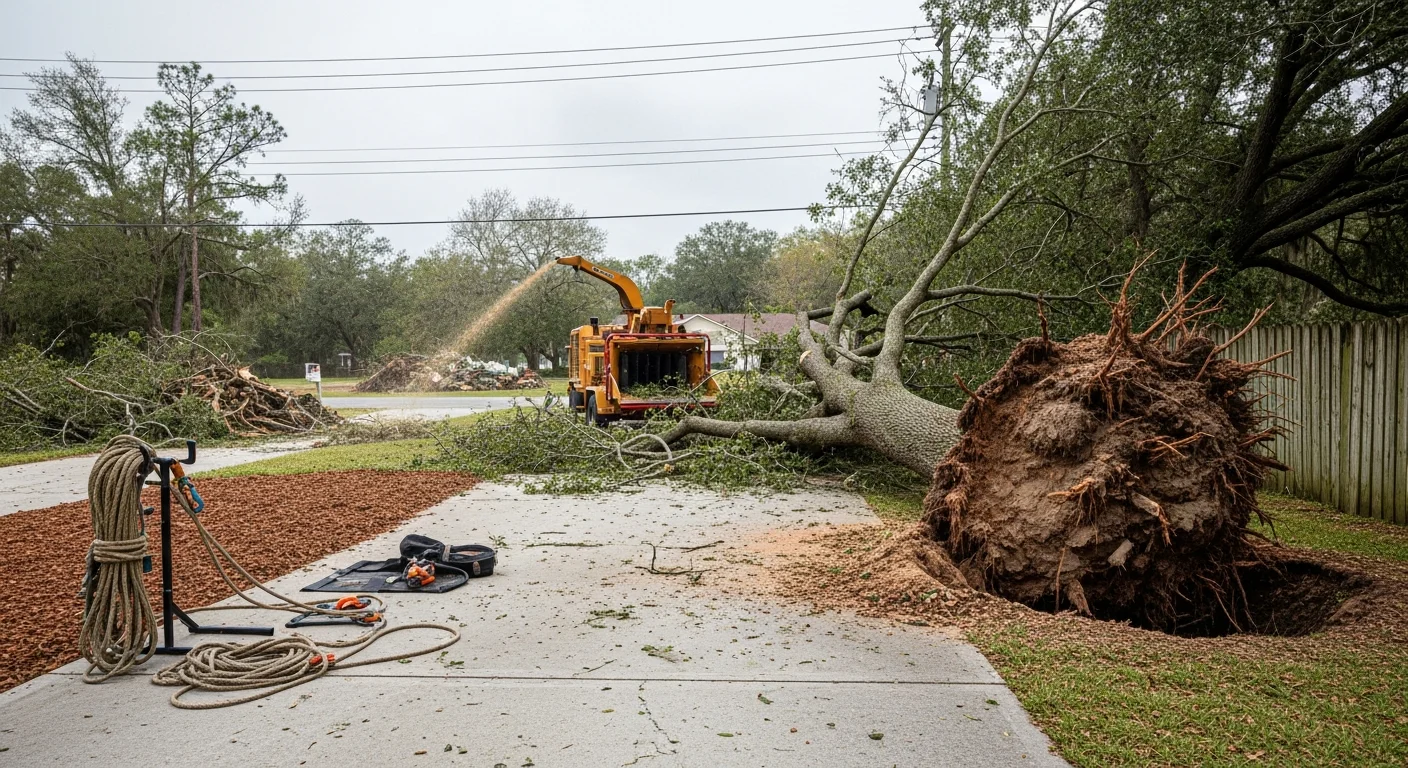 A Branch Managers Tree Service Inc crew removing a large storm-damaged hardwood tree that has fallen across a residential yard in Hillsborough, NC. Chainsaw equipment and wood sections are visible on the ground near a cleared driveway.