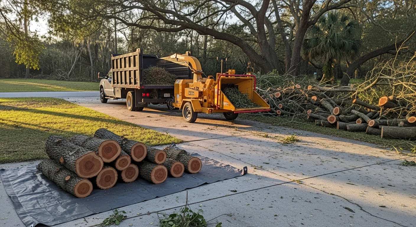 A cleared Hillsborough residential yard after storm debris removal, with cut tree limbs stacked and loaded into a truck by a Branch Managers Tree Service Inc crew. A previously blocked driveway is now fully accessible following post-storm cleanup.