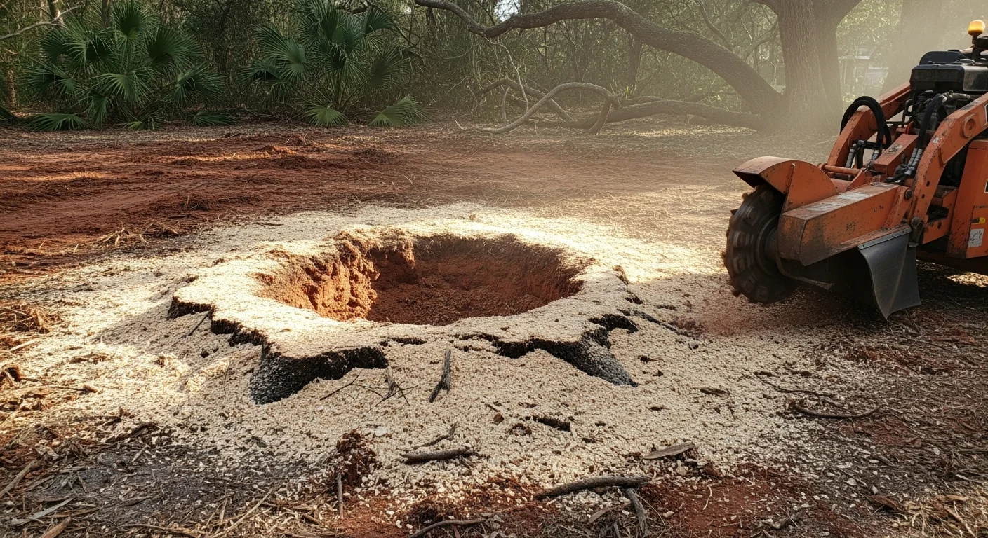 A freshly ground tree stump in a Hillsborough residential yard, with wood chips spread across the leveled soil where the stump once stood. A mature hardwood tree line is visible in the background.