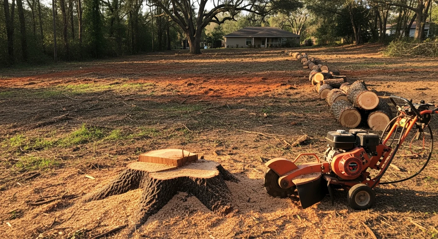 A large loblolly pine being sectionally removed in a residential Hillsborough backyard, with cut sections on the ground and a cleared area around the home's roofline. A tree service crew member in safety gear operates near the trunk on a sloped lot.