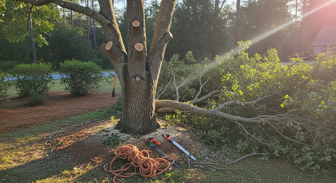A tree crew trimming the upper canopy of a large mature hardwood in a residential yard in Hillsborough, NC. Branches near the roofline of a single-family home have been cut back, with clean pruning cuts visible on the remaining limbs.