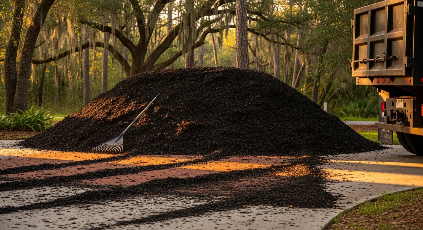 A large pile of fresh wood chips delivered to a residential yard in Hillsborough, North Carolina, with garden beds visible in the background ready for mulching. A homeowner spreads wood chips across a planting bed along a property fence line.