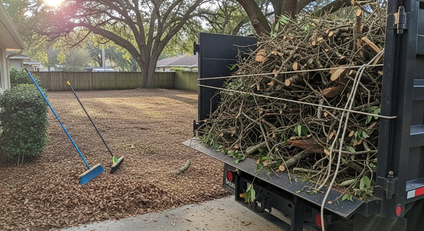 A cleared residential backyard in Hillsborough, NC with a Branch Managers crew loading a pile of branches, shrub trimmings, and loose debris into a truck. The lawn is visible and free of yard waste after the removal.